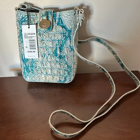 Brahmin Teal and Cream Croc-Embossed Crossbody Bag - Picture 9 of 11